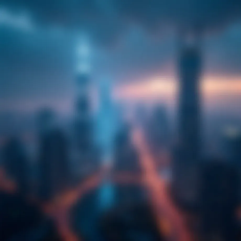 A futuristic city skyline illuminated by advanced technology