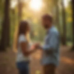 Couple engaging in a trust-building activity outdoors, showcasing connection.