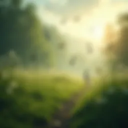 A serene landscape with musical notes floating in the air